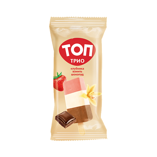"TOP TRIO CHOCOLATE VANILLA STRAWBERRY" Three-layered milk chocolate ice-cream with vanilla and strawberry flavor 65 g